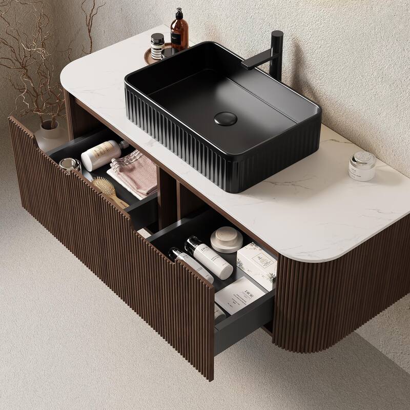 Wall Mounted Bathroom Vanity with Black Rectangular Ceramic Basin