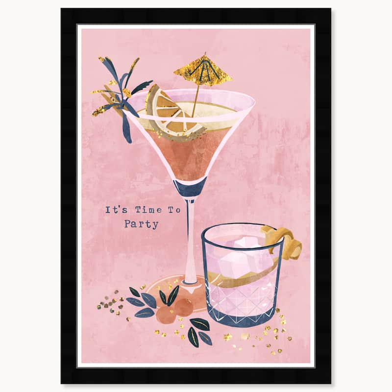 Wynwood Studio Golden Party Time Framed Trendy Fashion Kitchen Art Prints - 15 x 21 - Black