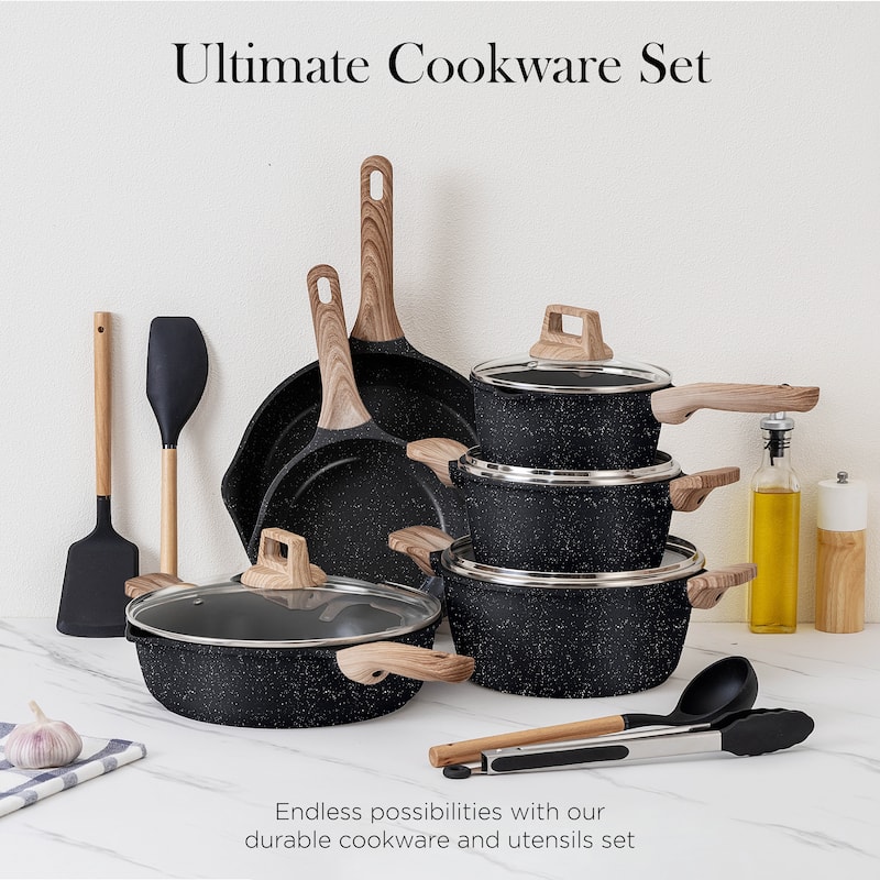 Country Kitchen 14 Piece Kitchen Cookware Set, Nonstick Cast Aluminum with Utensils, Sage