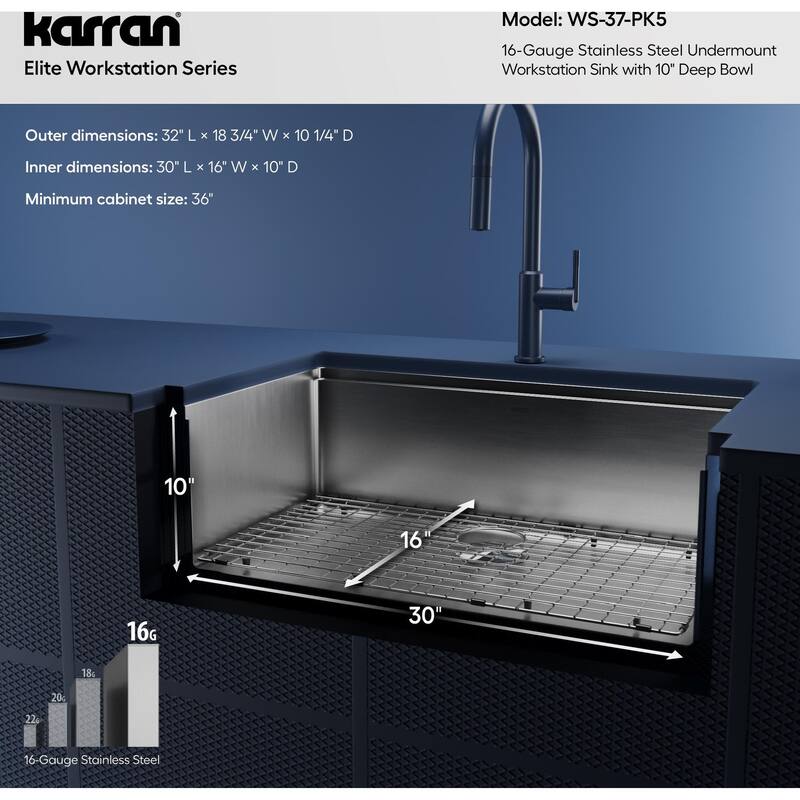 Karran USA WS-37-PK5 Elite Workstation 32" Rear-Drain Undermount