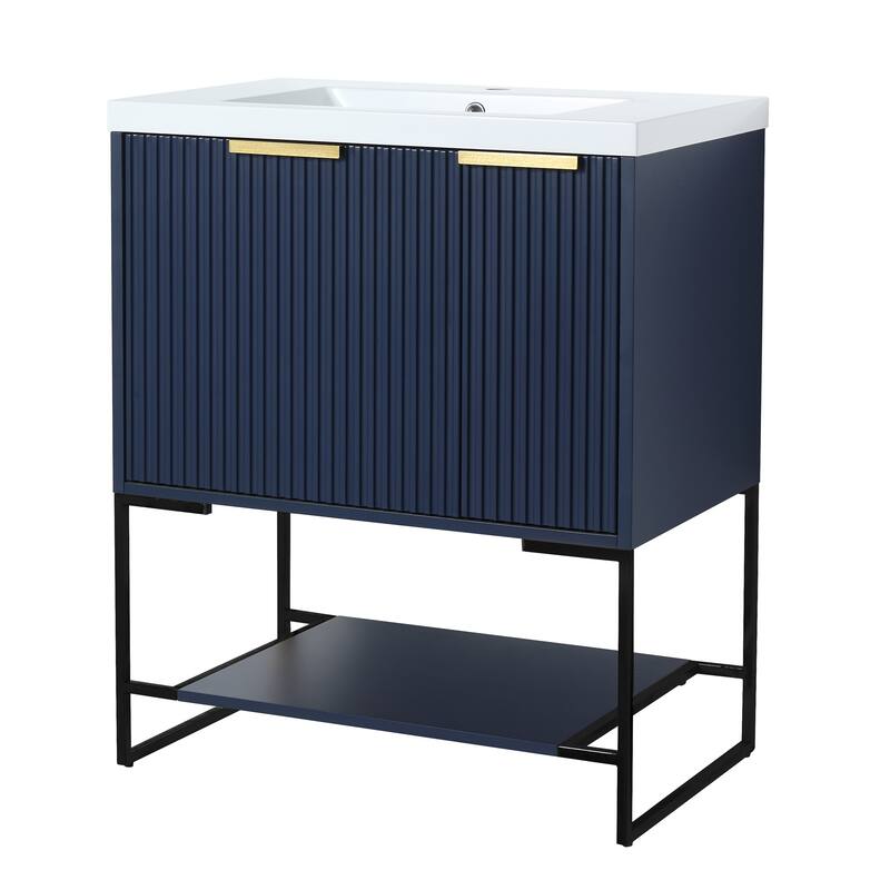 30 inch Plywood Freestanding Bathroom Vanity Set in Navy Blue with Integrated Resin Sink
