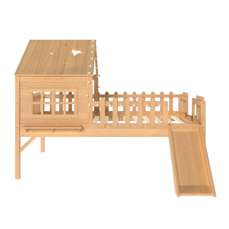 Full Size House Loft Bed with Slide,Playhouse Bed with Star Moon-shaped Designs and Window, Chic Design with LED Lights