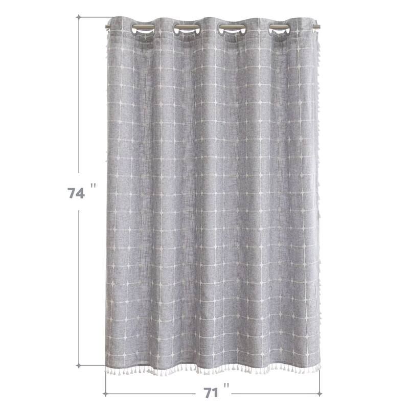 No Hooks Linen Textured Geometric Tassels Shower Curtain with Snap-in Liner