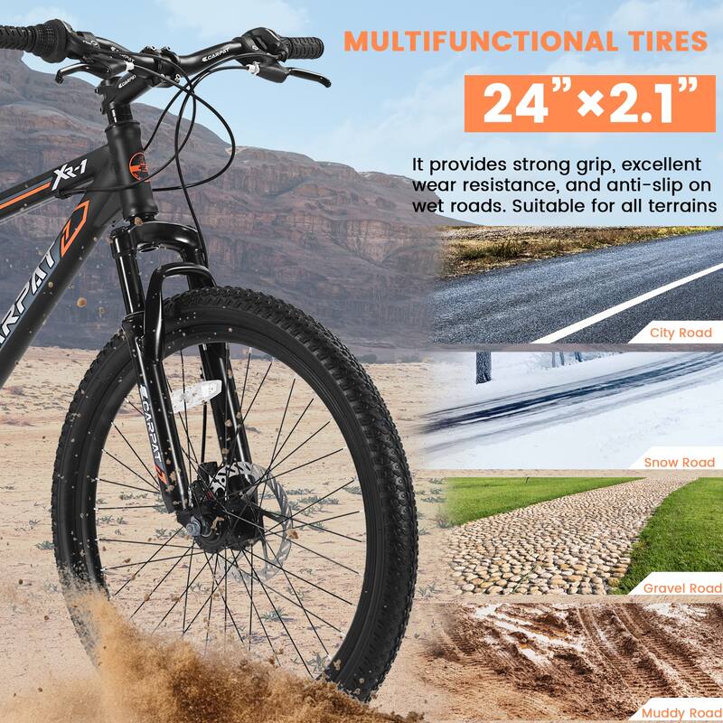 24 Inch Mountain Bike Boys Girls,Steel Frame,Shimano 21 Speed Mountain Bicycle with Daul Disc Brakes and Front Suspension MTB