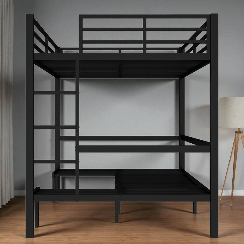 Full over Full / Queen over Queen Metal Bunk Bed with 3-Section Pull-Out Lower Bed and Safety Guardrails