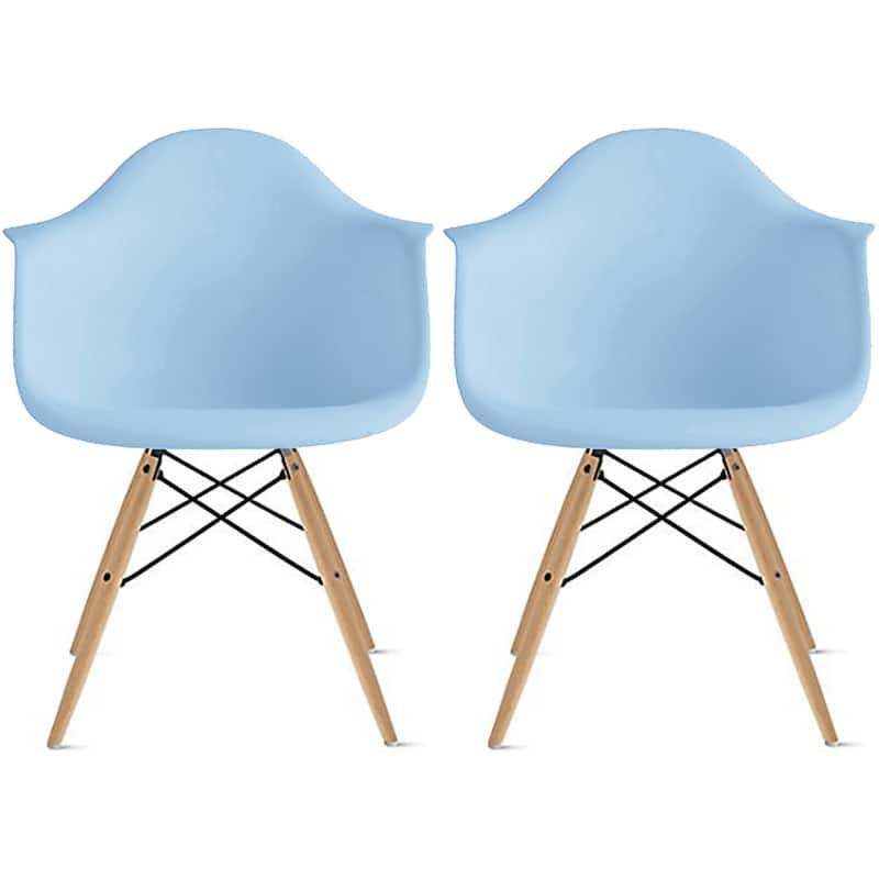 Set of 2 Plastic Accent Modern Designer Dining Chair With Arms Molded Shell Desk Natural Wooden Legs Kitchen Patio - Blue