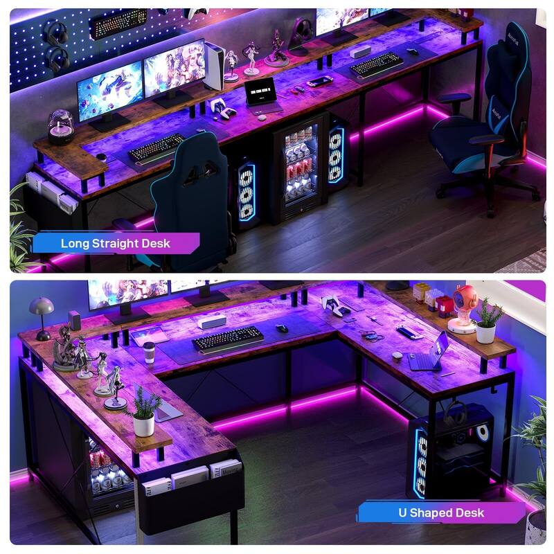 U Shaped Desk, 126 Inch Gaming Desk with Monitor Stand and LED Lights