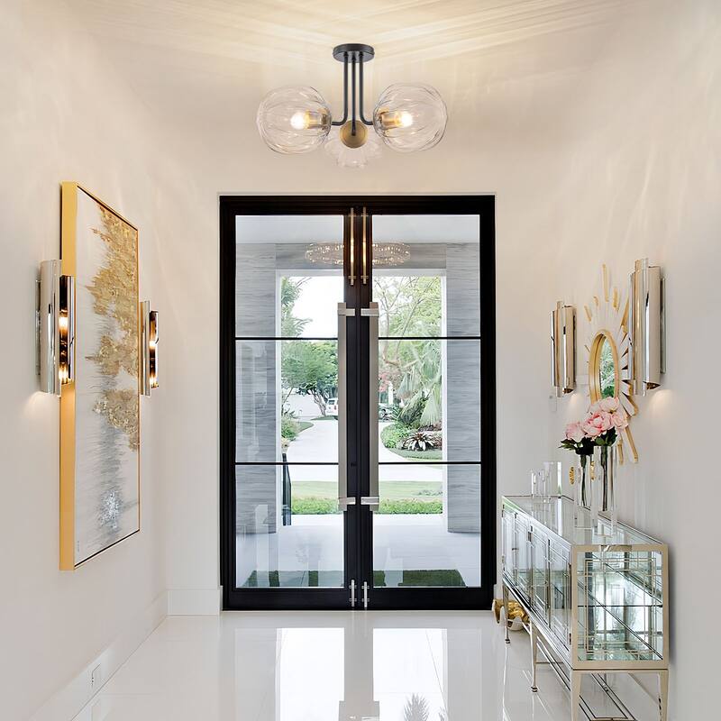 3-Light Contemporary Semi Flush Mount with Ripple Glass
