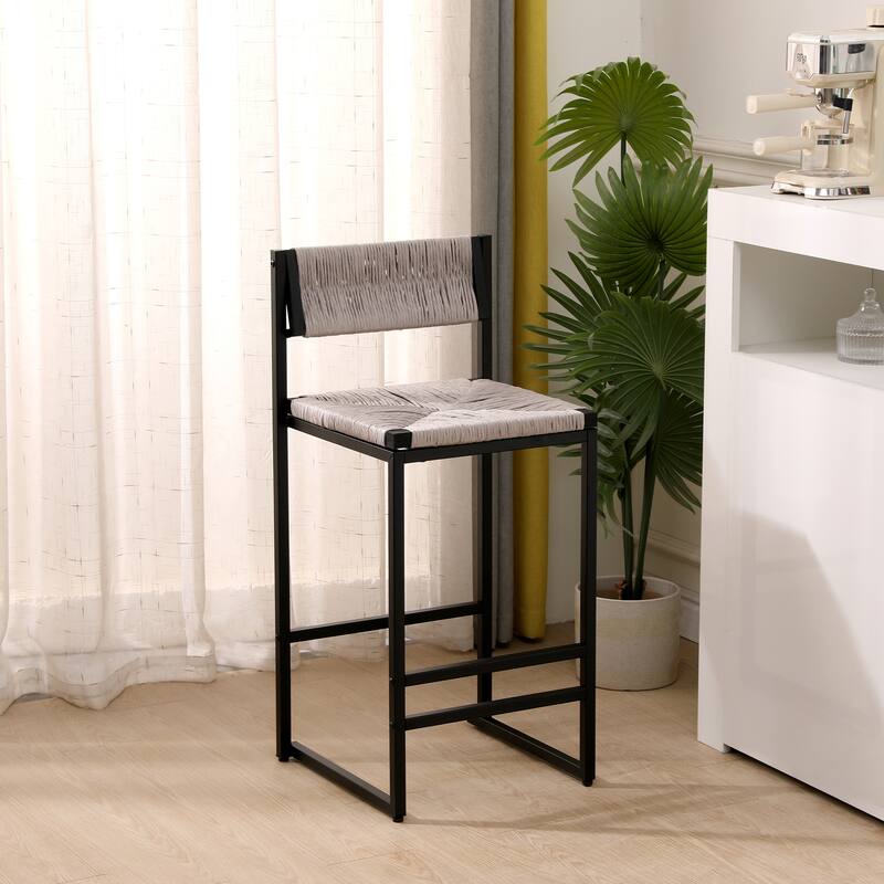 Paper Rope Woven Bar Stools Set of 2 Hand Weave Counter Stool with footrest for Kitchen Island, Dining Room