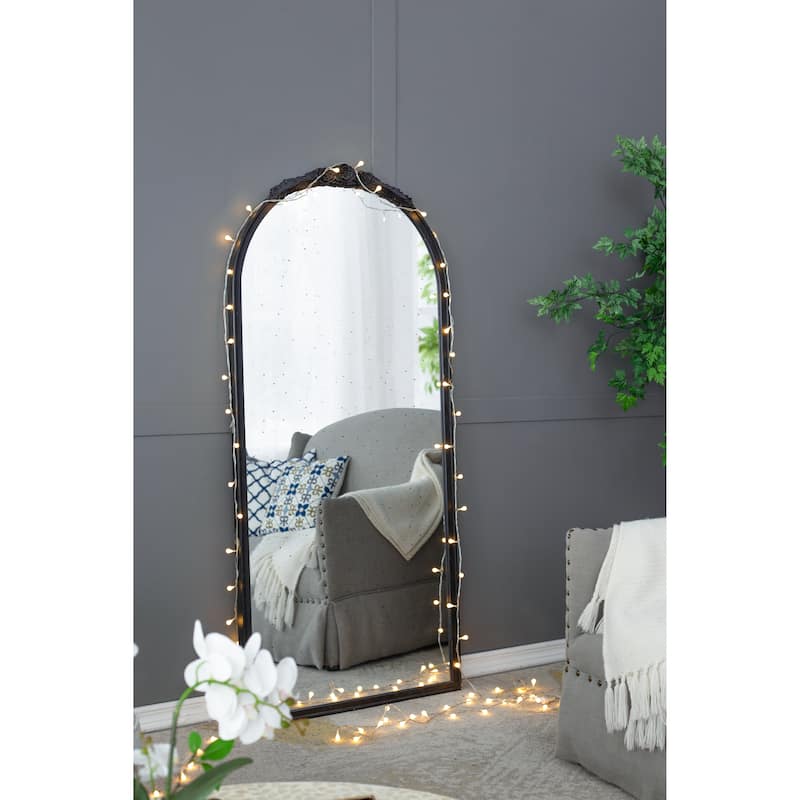 30" x 65" Hand Carved Rose Antique Mirror Frame, Large Arch Mirror Wall Decor for Living Room, Bathroom, Entryway(Black)