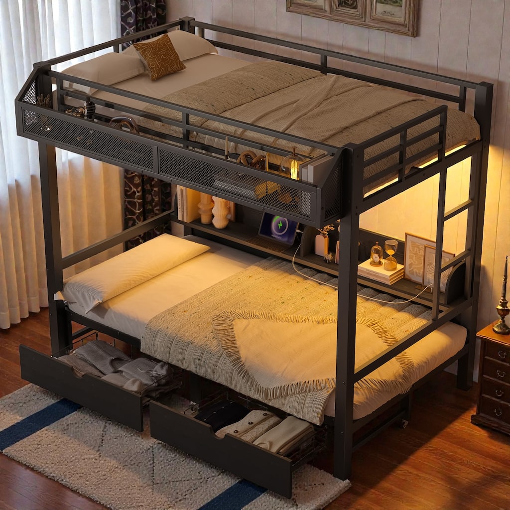 Metal Bunk Bed with Storage Shelves, Drawers, USB Ports, LED Lights & Convertible Lower Bed Sofa Design