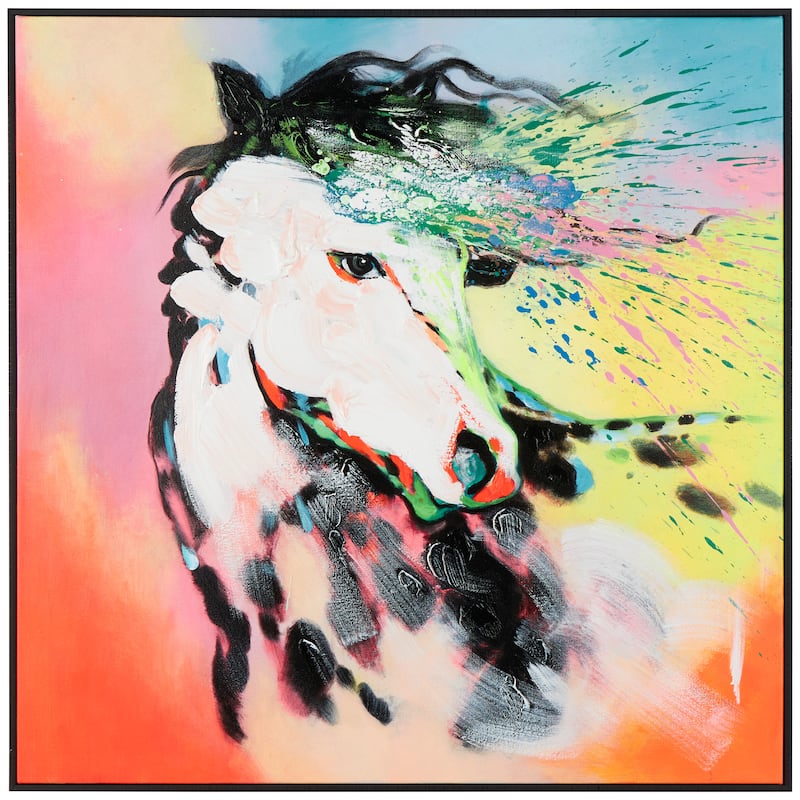 Multi Colored Canvas Abstract Paint Splatter Horse Framed Wall Art with Black Frame - Multi-Color