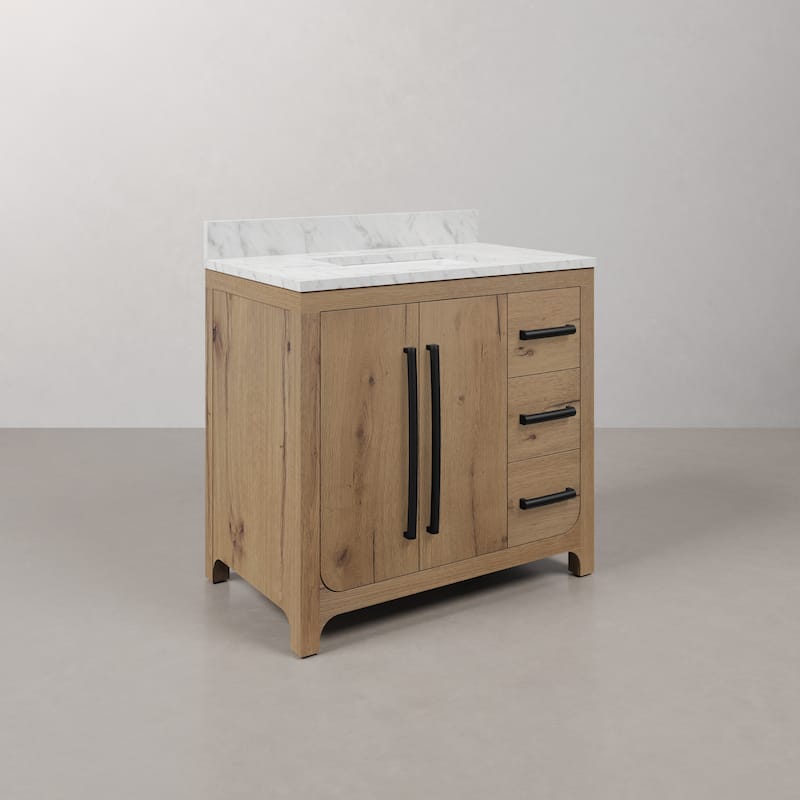 Perris 36" Single Sink Bathroom Vanity With Engineered Carrara White Marble Top In Weathered Oak