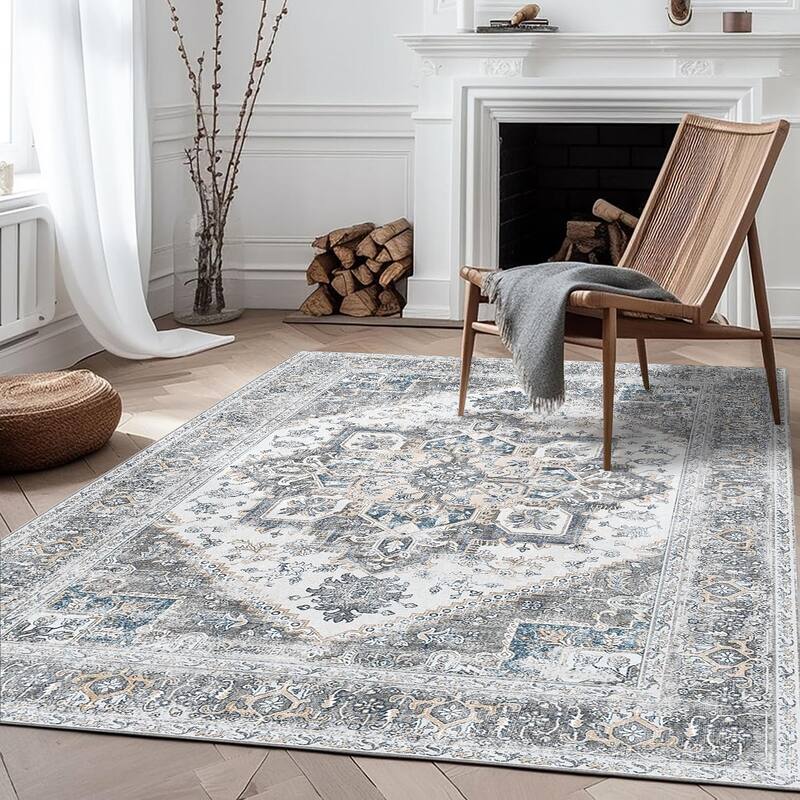 Mcow Vintage Gray Classical Pattern Ultra-Thin Low-Pile 5x7 Non-Slip Washable Area Rug - 5' x 7' - 5' x 7' - Vintage Grey - Rectangle