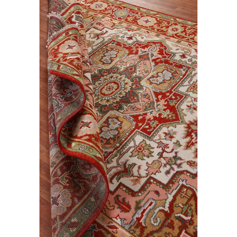 Hand Knotted Oriental 100% Wool Carpet Traditional Medallion Beige & Ivories Heriz (serapi) Area Rug - 9' 11'' X 8' 0''