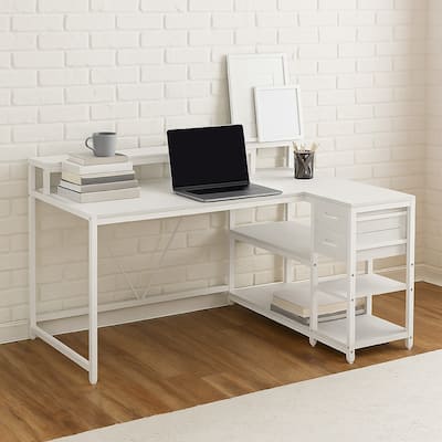 Executive Desk, L Shaped Top, Portable File Cabinet, 55 Inch White