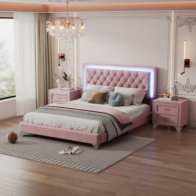 3-Pieces Bedroom Sets Queen Size Upholstered Platform Bed and 2 Nightstands