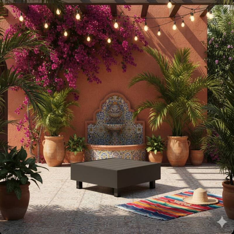 29" Square Black Metal Coffee Table, Slatted Patio Table