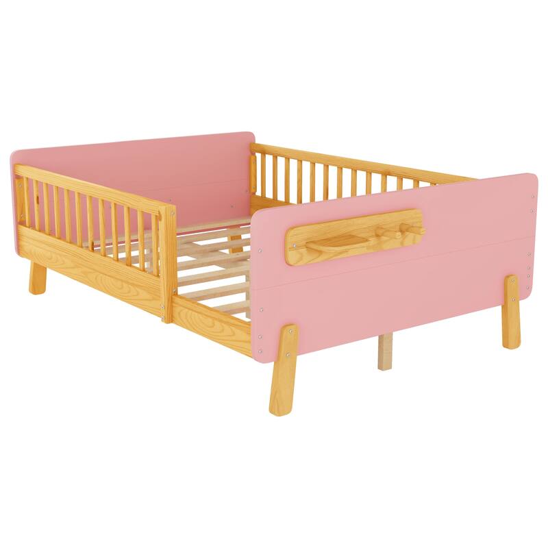 Kids Wood Platform Bed with Guardrails, Bottle Holder and 2 Hanging Rod, Convertible Toddler Daybed, Low Profile Design Frame