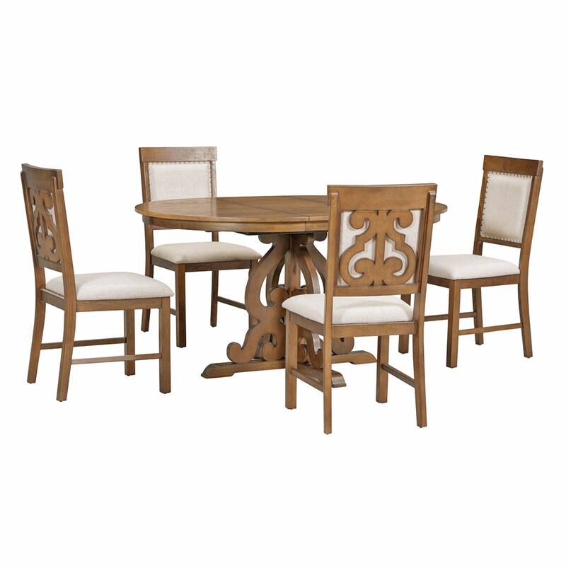 Retro Dining Set with Extendable Table and Upholstered Chair（Set of 5）