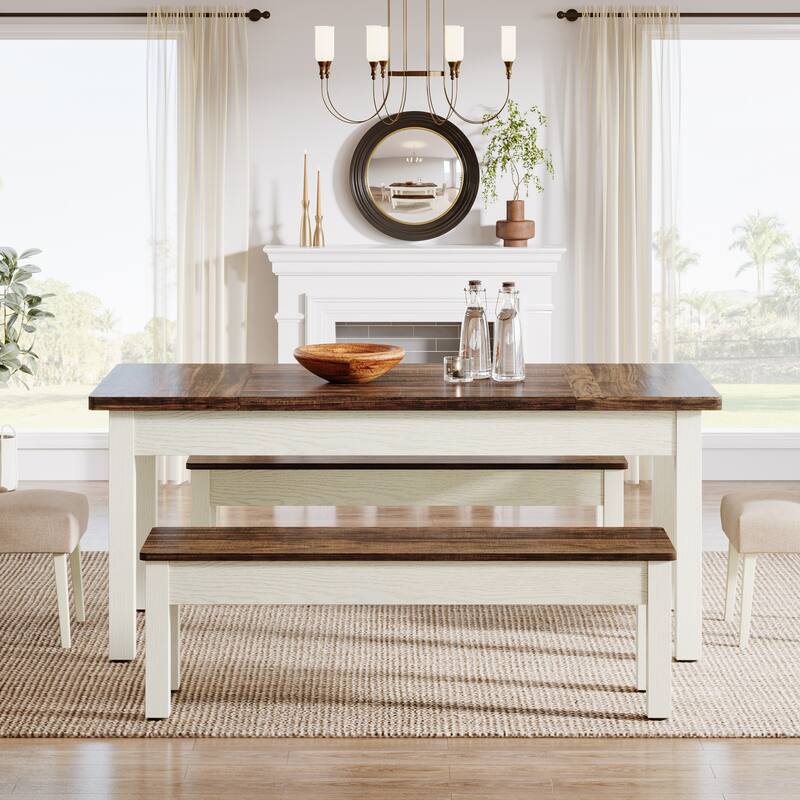Wood Dining Table Set, 55-Inch Kitchen Table with 2 Benches for 4-6