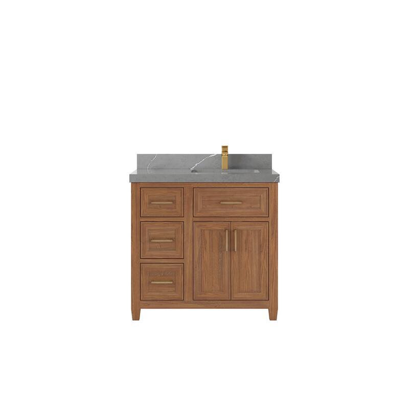 Willow Collections 36 in. W x 22 in. D Santa Monica Teak Right Offset Sink Bathroom Vanity with Countertop - 2”Piatra Gray - Dark Natural Teak