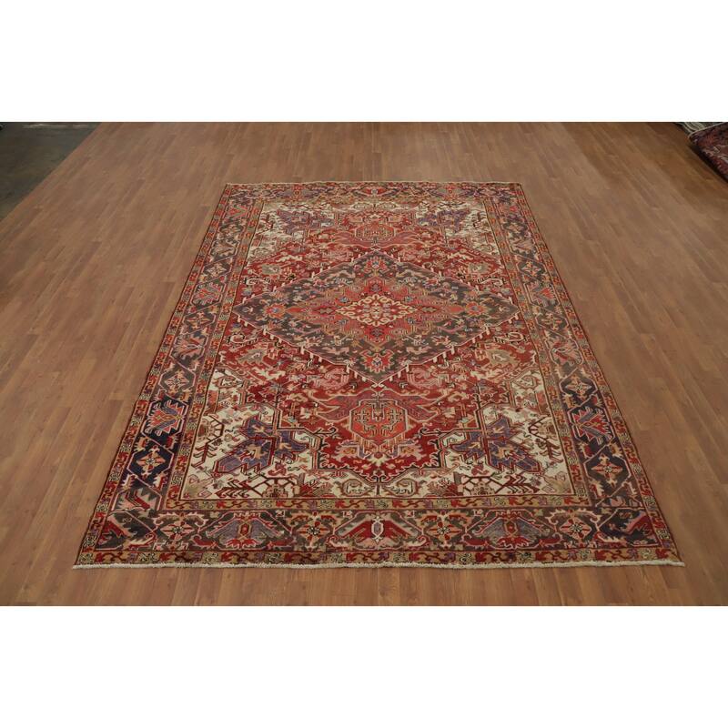 Hand Knotted Oriental 100% Wool Carpet Traditional Medallion Oranges & Rust Heriz Area Rug - 10' 7'' X 7' 9''