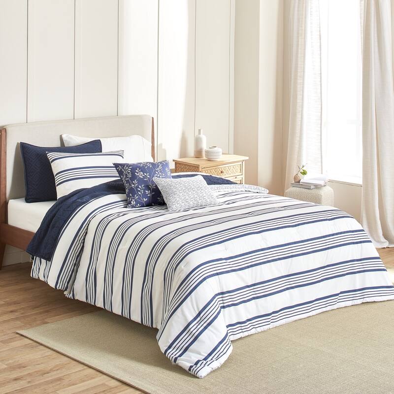 Anne Klein Archer Stripe Cotton Blend Reversible 5-Piece Comforter Set