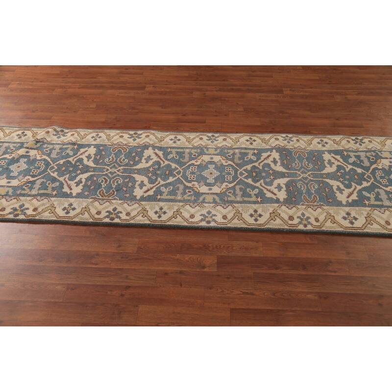 Light Blue Oushak Indian Runner Rug Handmade Wool Carpet - 2'7" x 10'2"