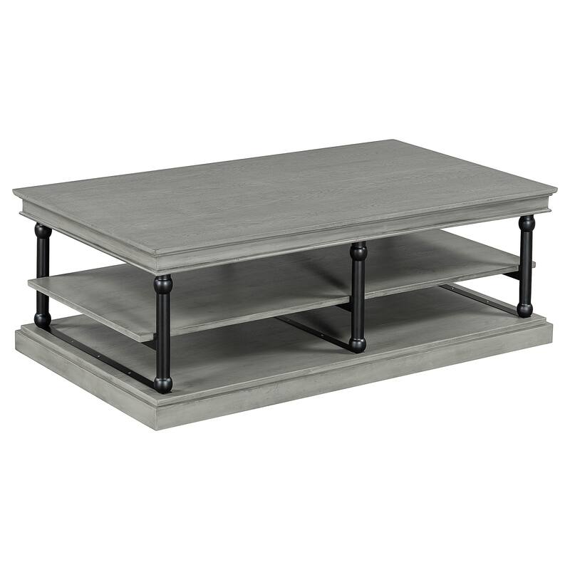 3-Tier Wood Coffee Table with Black Turned Legs & Dual Open Shelves by Harper&Bright Designs