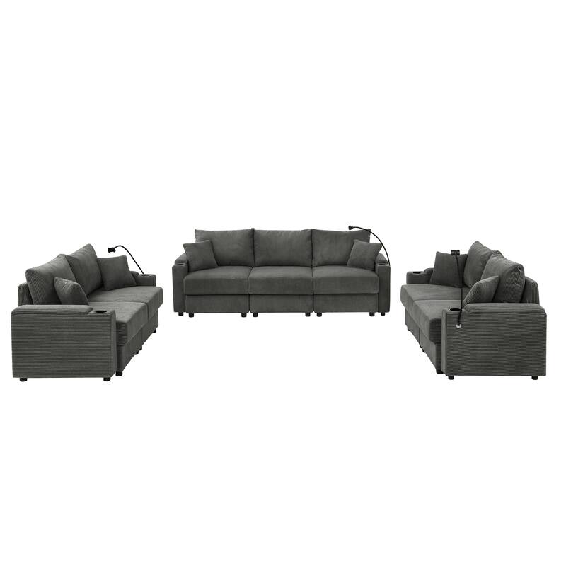 Corduroy Upholstered 7 Seater Sofa, Set of 3 Deep Seat Storage Couch with Cup Holders and Phone Stands for Living Room