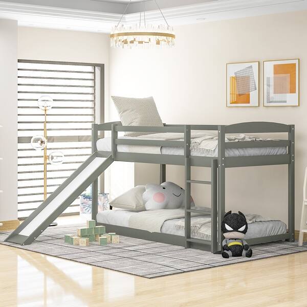 slide 2 of 34, Minimalist Twin over Twin Wooden Floor Low Bunk Bed Kids Bed with Convertible Slide,Ladder and Guardrail Grey