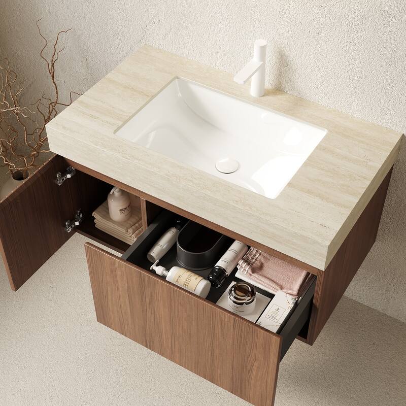 30"/36"/48" Wall-Mounted Bathroom Vanity with Ceramic Sink, Sintered Stone Countertop Floating Bathroom Storage Cabinet