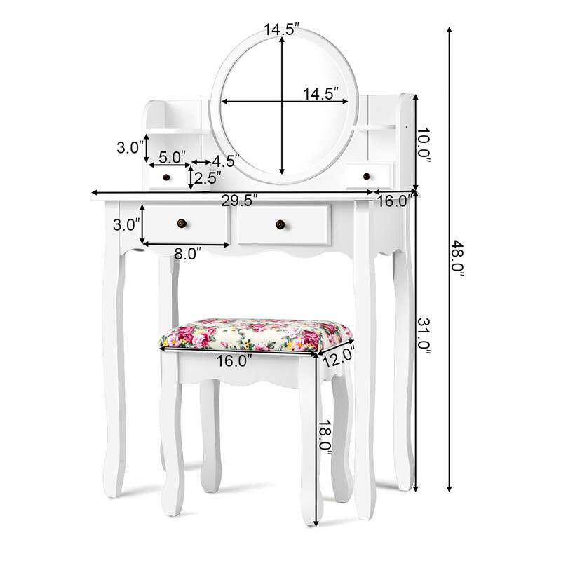 Makeup Vanity Table Set with Upholstered Stool Drawers Oval Mirror