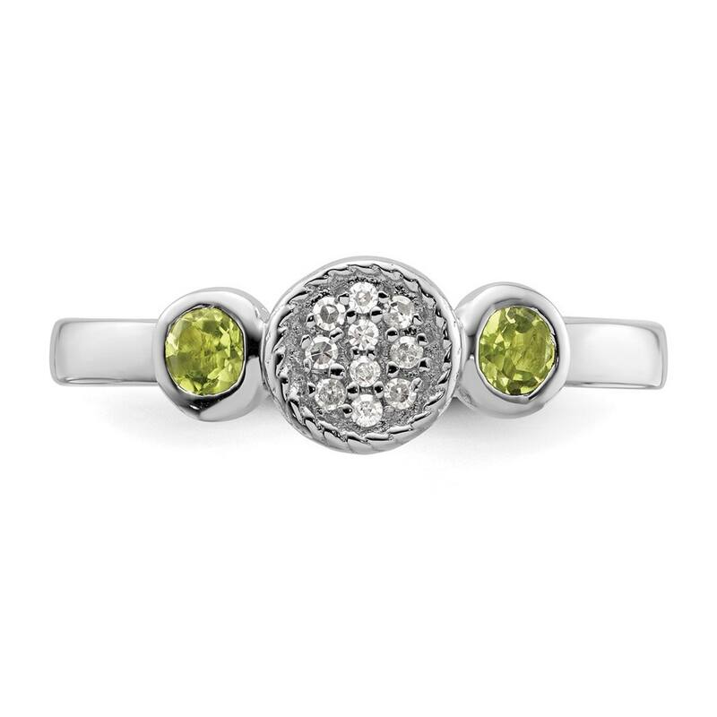Curata 925 Sterling Silver Bezel Polished Prong set Stackable Expressions Db Round Peridot and Dia. Ring