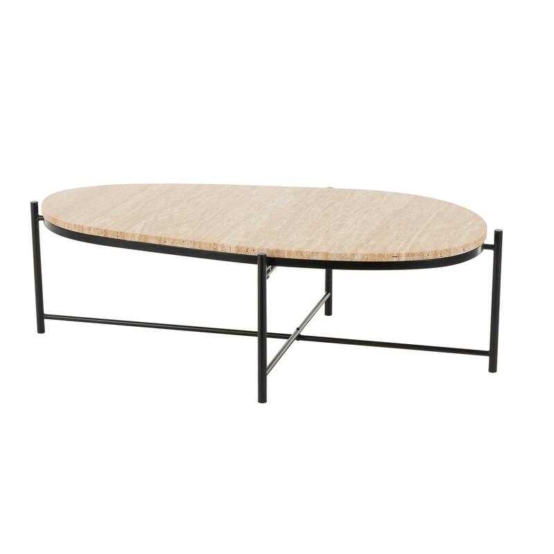 Beige Marble Living Room Coffee Table with Black Metal Support