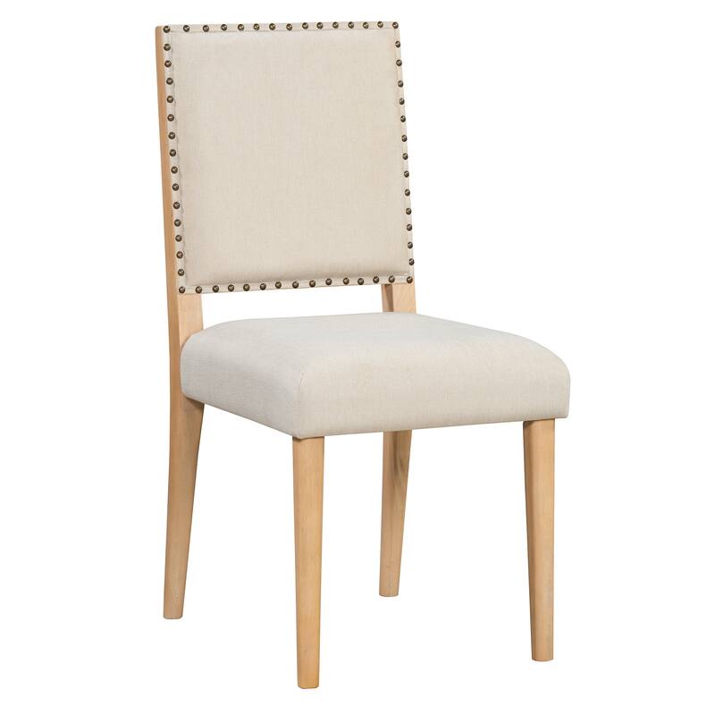 5-Piece Farmhouse Dining Set with Round Table & 4 High Back Chairs, Rustic Breakfast Nook with Beige Dining Chairs