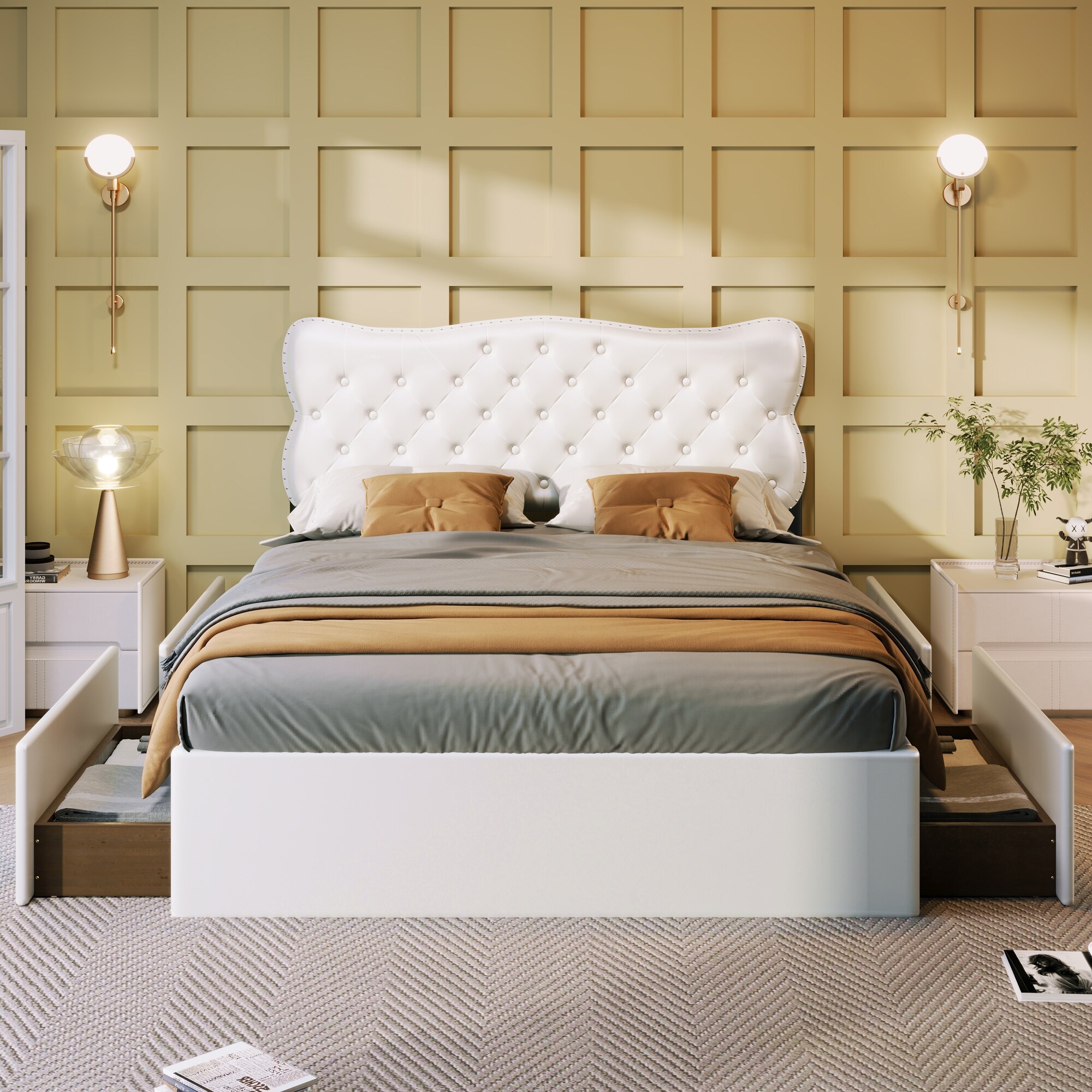 White Leather Upholstered Platform Bed w Button Nailhead Cat Ears Headboard 4 Drawers Heavy Duty Full Size Storage Bed Frame Bed Bath Beyond 39716942