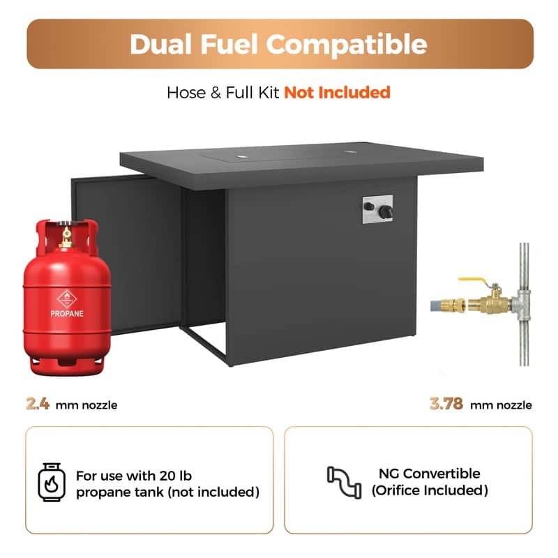 43" Outdoor Aluminum Gas Fire Pit Table, 60,000 BTU, Propane/Natural Gas, Glass Wind Guard