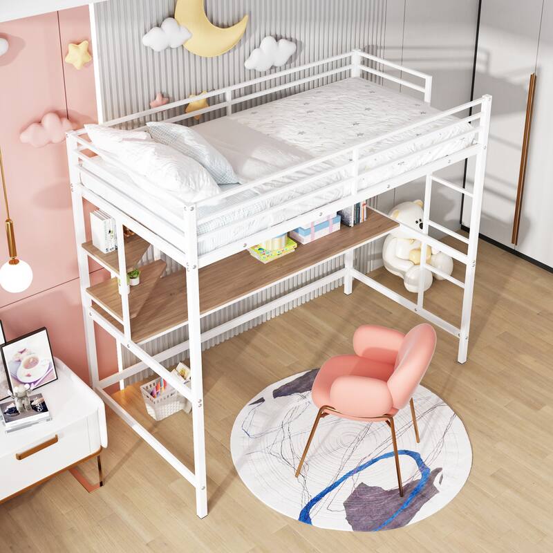 Modern Twin Metal Loft Bed with Desk and Shelve