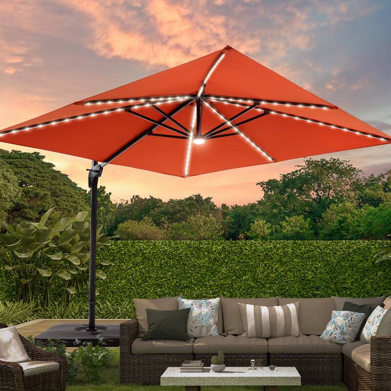 LIVOOSUN Patio10x10FT LED Aluminum Cantilever Umbrella Solution-Dyed Fabric w/Base - Red