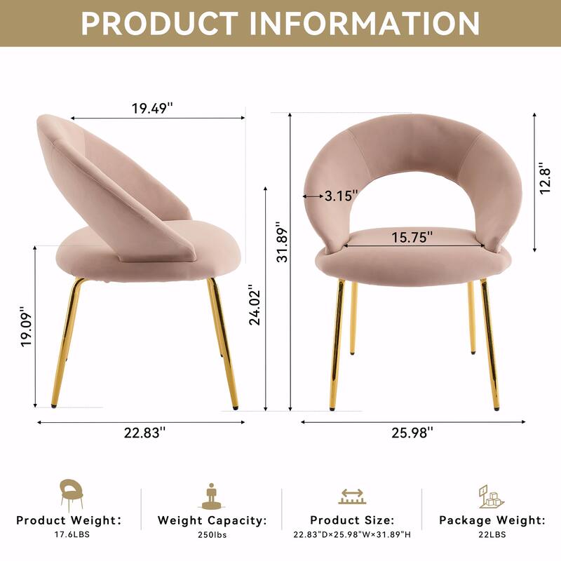 Set of 1 Velvet Dining Chair with Curved Backrest and Gold Metal Legs