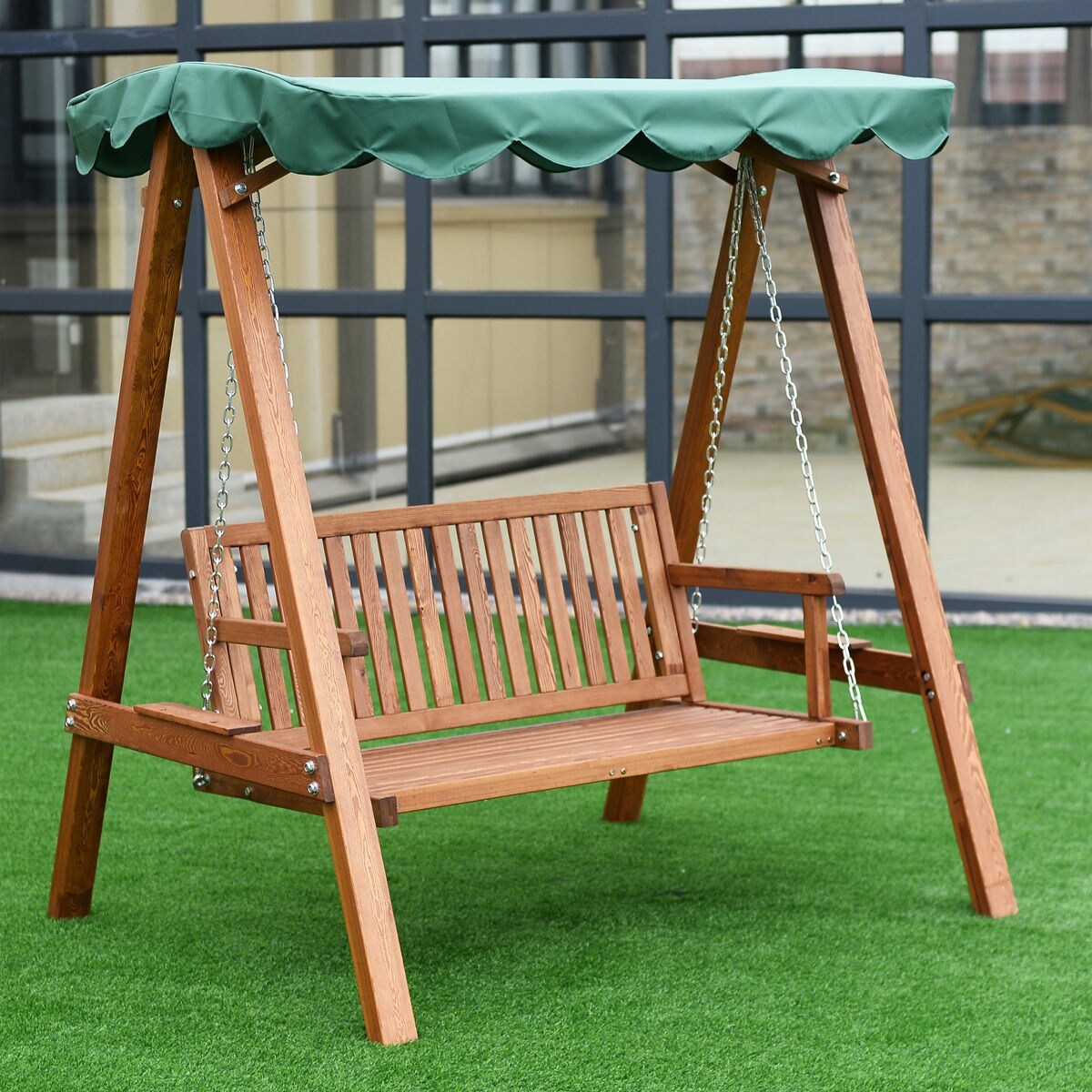 Shop Costway Outdoor 2 Person Larch Wooden Swing Loveseat Hammock Canopy Patio Garden Furni As Pic Overstock 16004245