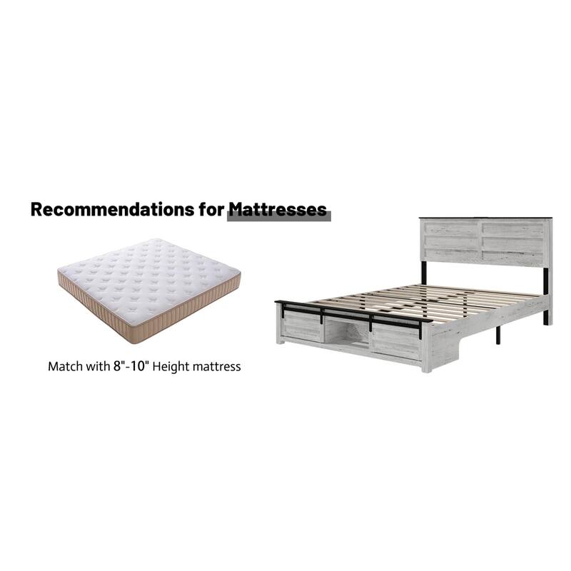 Roomfitters Queen Bed Frame with Upholstered Headboard, Storage Headboard with Charging Station, Wood Platform, Antique White