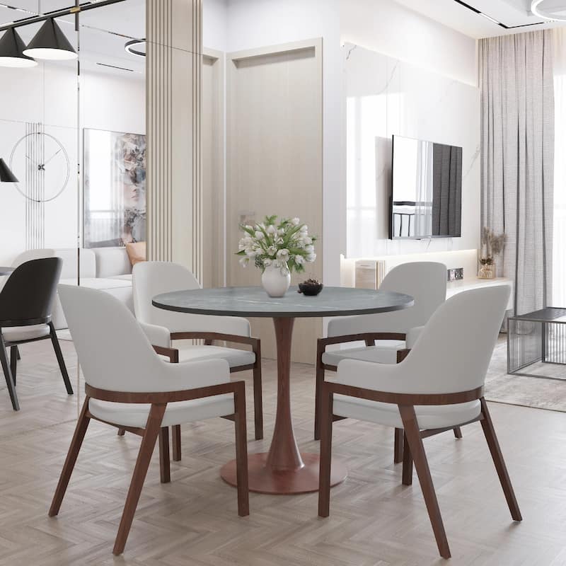 Bristol Round Dining Table 36 in. MDF Tabletop in Walnut Steel Pedestal Base for Modern Kitchen and Dining Room