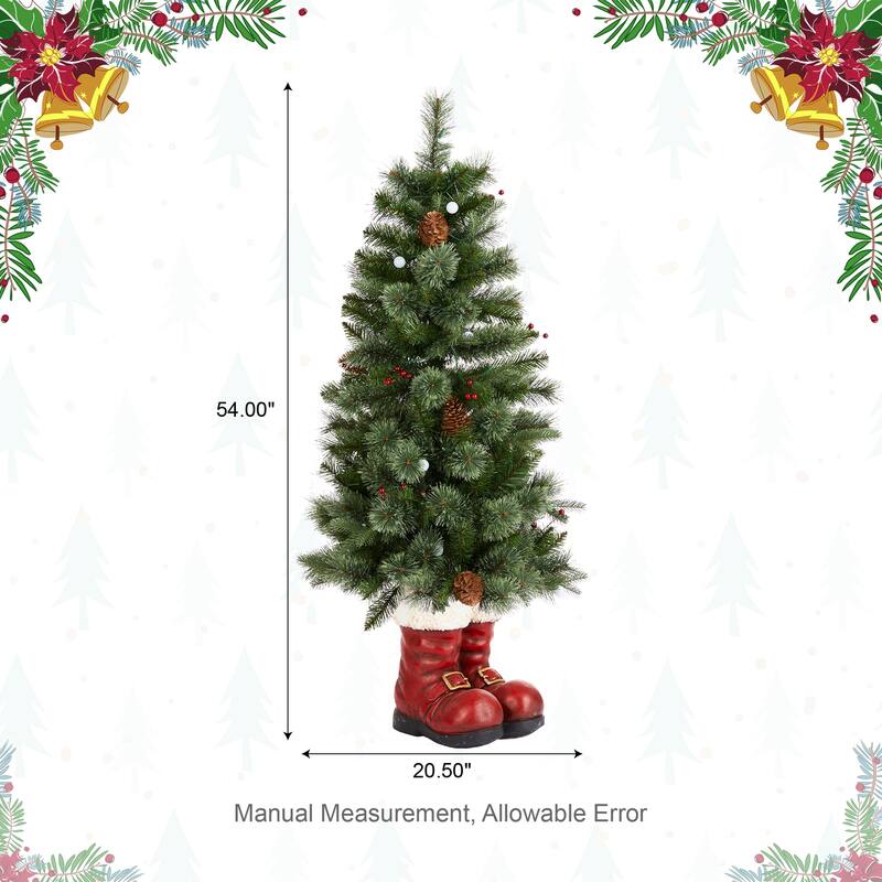 Glitzhome 4.5ft LED Lighted Christmas Tree with Santa Boots Base, Berry Bow Wreath, Garland Set for Front Door Entryway