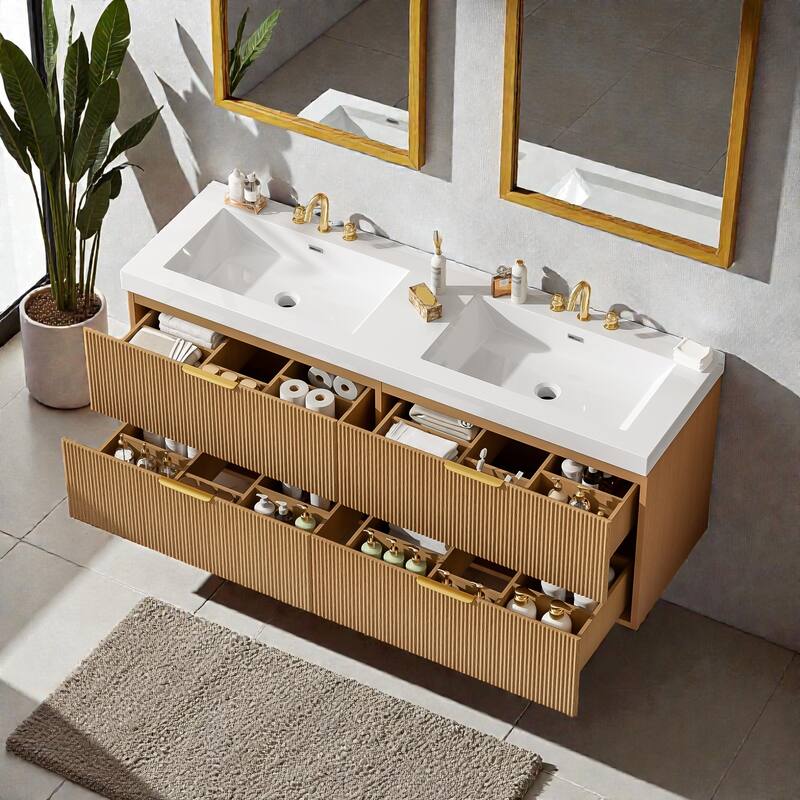 59.3" Double Sink Bathroom Vanity, Wall Mounted Cabinet with SMC Integrated Top and 4 Soft-Close Drawers