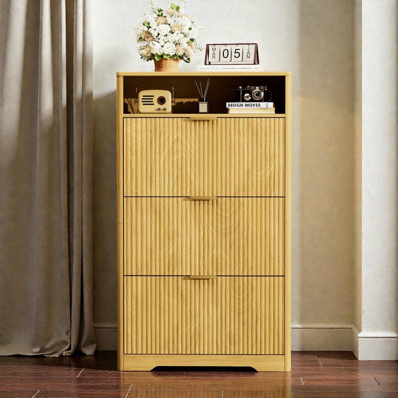 Tall Shoe Cabinet with 3 Flip Drawers, Hidden Entryway Shoe Storage Organizer for Hallway, Foyer, Slim Free-Standing Rack - Natural