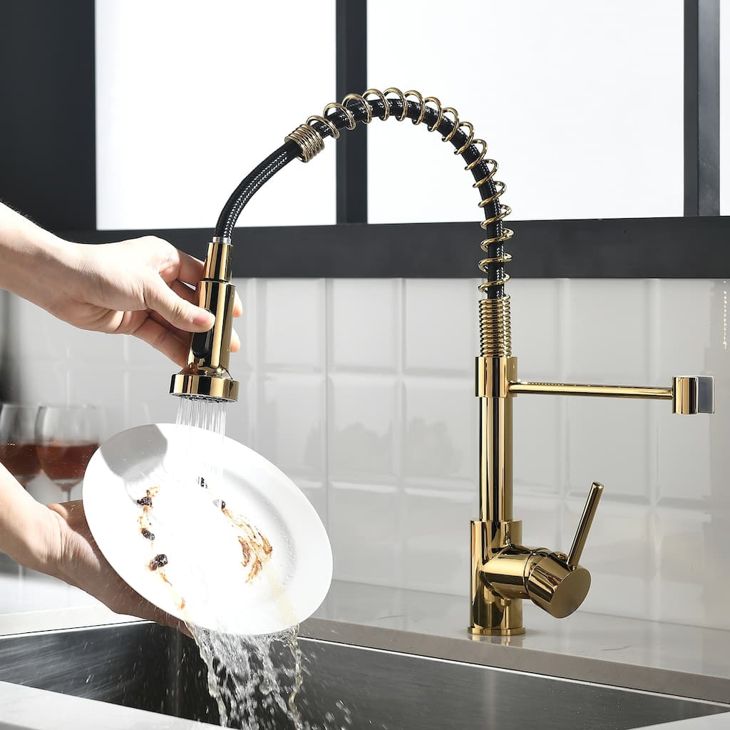 Commercial Black and Gold Kitchen Faucet with Pull Down Sprayer, Single Handle Single Lever Kitchen Sink Faucet