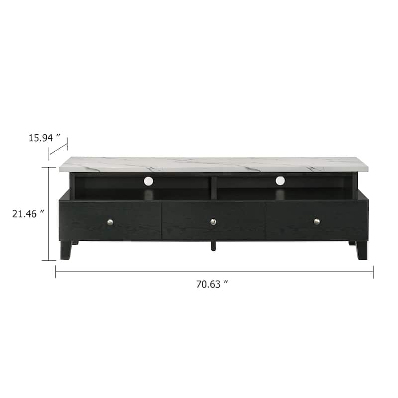 Fiaz 71 Inch TV Stand Media Cabinet, 3 Drawers w 2 Shelves, White Top